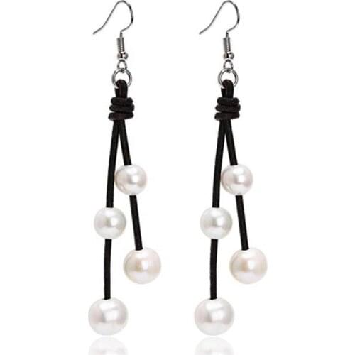 White Freshwater Pearl Leather Earring Handmade Genuine Cowhide Leather Dangle Earrings Jewelry for Women Beaded Drop Earrings
