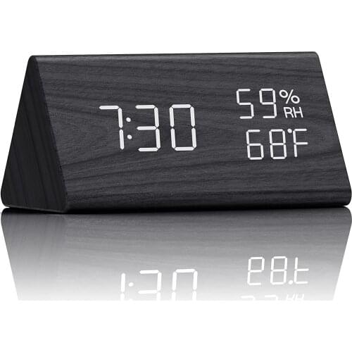 Alarm Clock Electronic LED Time Display 3 Alarm Settings Adjustable Brightness Humidity & Temperature Detect Wood Design