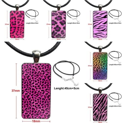 Black And Pink Leopard For Women Men Fashion Glass Cabochon Pendant Necklace Women Steel Color Choker Rectangle Necklace