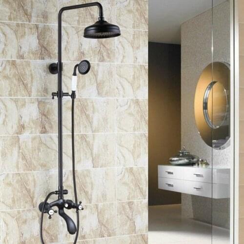 Black Oil Rubbed Brass Dual Cross Handles Bathroom 8 Inch Round Rain Shower Faucet Set Bath Tub Mixer Tap Hand Shower mhg112