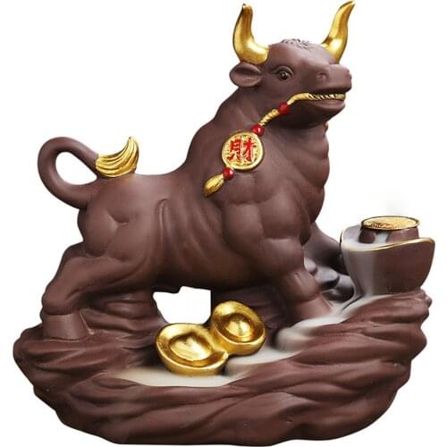 Purple Sand Backflow Cow-Shaped Incense Burner Creative Home Decor Cow-Shaped Censer With Tweezers