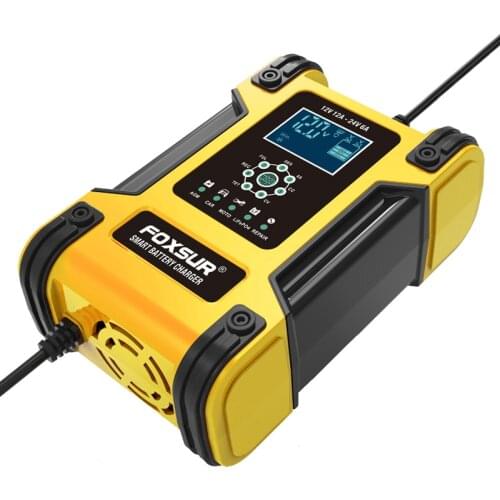 FOXSUR 12V 24V 12A Pulse Repair Charger with LCD Display, Motorcycle & Car Battery Charger, AGM Deep cycle GEL Lead-Acid Charger