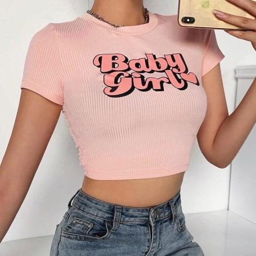 2020 New Fashion Womens Short Sleeve T-Shirts Cute Letter Print Crew Neck Rib-Knit Basic Tee Tops