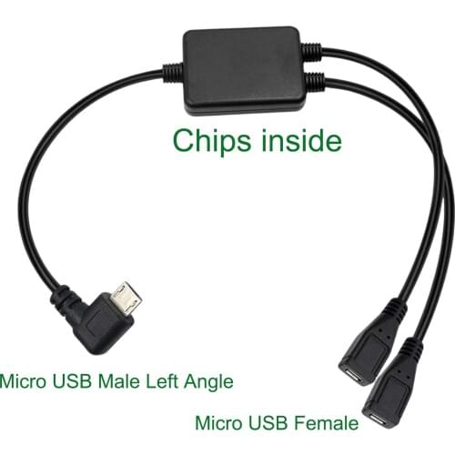 Micro USB 5 Pin Male to 2Female Y Splitter Cable Left Angle Charger Charging Data Cord 2 in 1 Adapter Middle 30cm