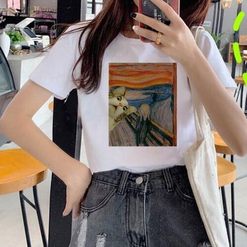 Kawaii Oil Painting Print T-shirt Womens T-shirt O-neck Short Sleeved Ladies White T-Shirt Graphic Fashion Harajuku Streetwear