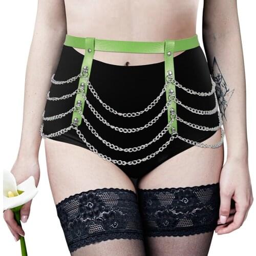 Leather Punk Goth Harness Fashion Womens Underwear Sexy Lingerie Garters Stocking Belt Exotic Apparel Metal Chain Accessories