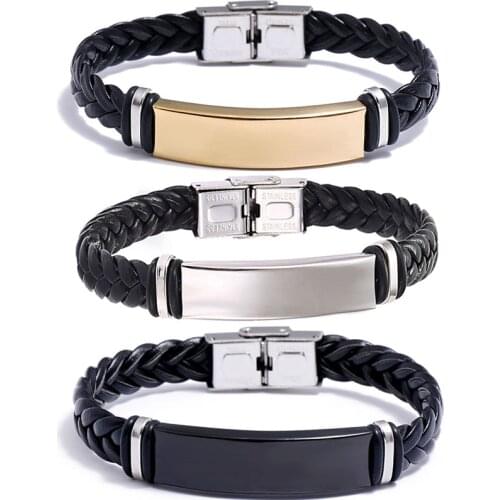 Leather Braided Stainless Steel Bracelet Bangle for Men Polished Plate Charm Wrap Bracelet Mens Wristband Friendship Jewelry