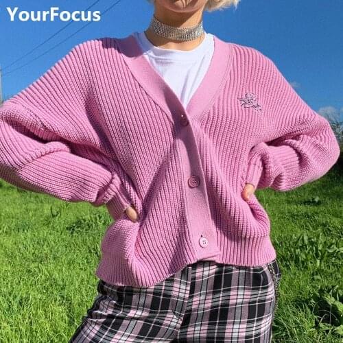 Autumn kawaii sweet baby pink Cupid Angel embroidery sweater pull femme loose long sleeve knitted cardigans