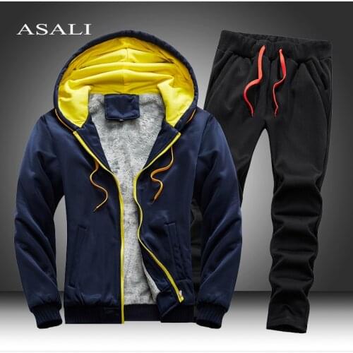 Mens Sets Tracksuit Winter Clothes 2 Pcs Set Hoodies and Pants Man Fur Lined Warm Gym Clothing Jogging Suit Men Sweatsuit Winter