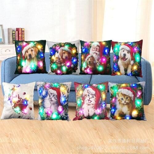 New Christmas Home Decor Cute Dog Cat Print LED Cushion Cover Sofa Car Seat Throw Pillowcases Xmas Gift