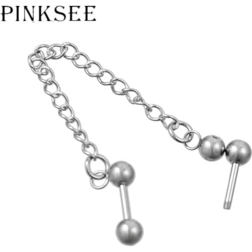 Pinksee New Trendy Boho Stainless Steel Barbell Long Chain Stud Earrings Double Hole Helix Ear Bone Piercing Decoration Jewelry