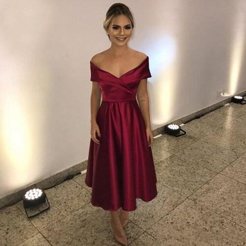 Hot Sale Tea Length Satin A Line Short Prom Dresses Off Shoulder Zipper Back Maid of Honor Party Gowns