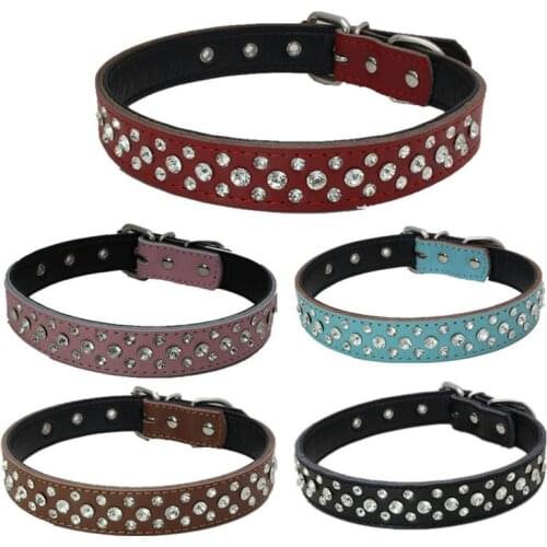 Luxury Rhinestone Rivets Cat Collar Leather Large Dog Collars Puppy Neck Strap For Kitten Accessories Black Pink Blue Brown Red