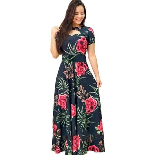 S~5XL Plus Size Women Summer Long Dress 2021 Casual Short Sleeve Boho Style Floral Print Elegant Bodycon Party Maxi Dresses