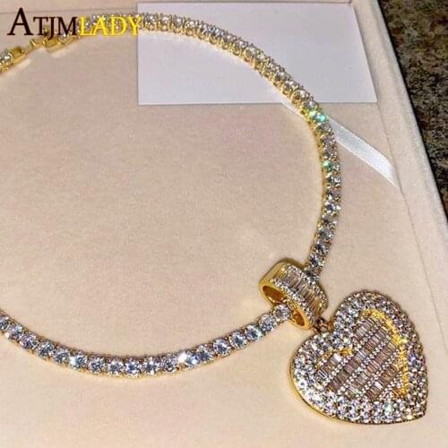 Heart Charm Can Be Opened Pendant DIY Photo Hip Hop Full Iced Out Bling 5A Cubic Zirconia Gold Plated CZ Tennis Chain Necklace