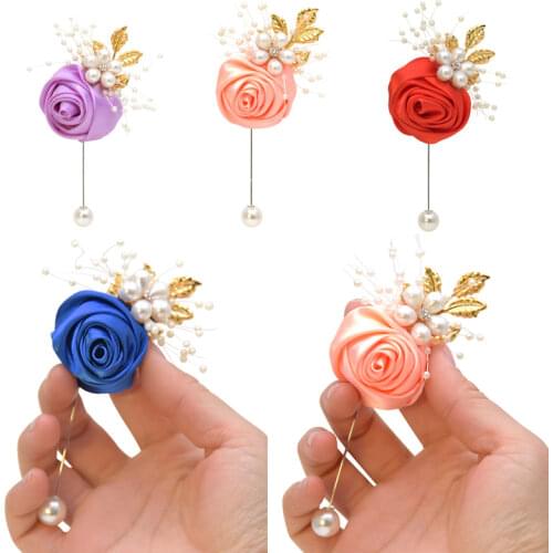Wedding Prom Pearl Rose Corsage Ceremony Brooch Flowers Wedding Boutonnieres Groom Groomsmen Buttonhole Silk Ribbon Boutonniere