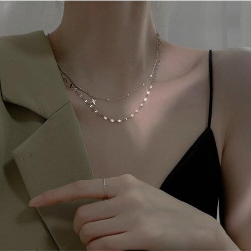 VENTFILLE 925 Sterling Silver Double Layer Cross Star Necklace Female Shiny Clavicle Chain 2021 New