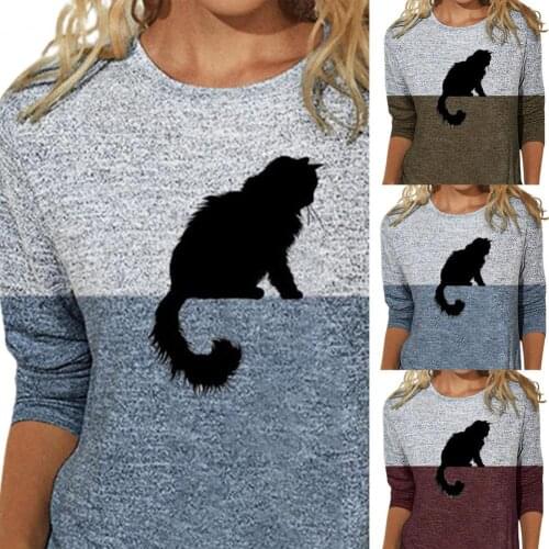 Women Casual Long Sleeve O Neck Cats Print Color Block Slim Blouse T-shirt Top