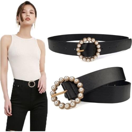 2021 Women Belts Fashion Round Buckle Womens Fashion Pearl Imitation Leather PU Belts