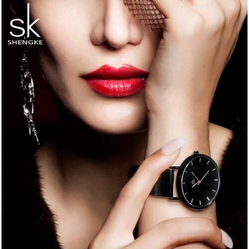 Shengke SK Fashion Black Women Watches High Quality Ultra thin Quartz Watch Woman Elegant Dress Ladies Watch Montre Femme SK19