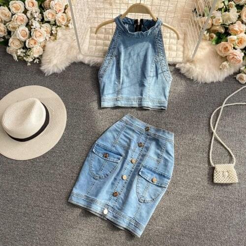 Retro Denim Skirt And Top Set Women Korean Slim Jeans Vest 2 Piece Suit Zipper Stand Up Collar Sleeveless Summer Outfits zh914