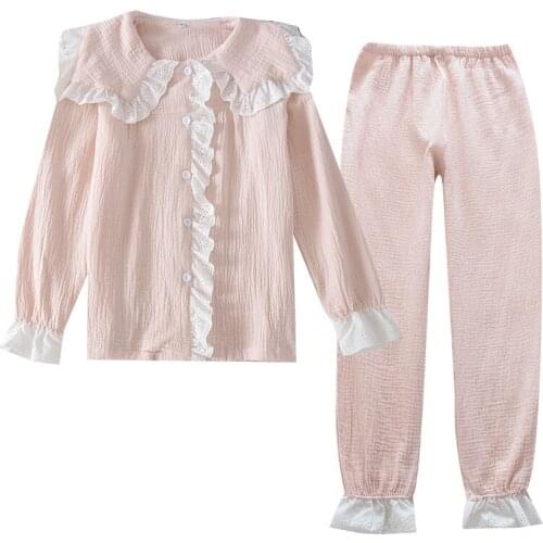 2021 Fashion Spring and Autumn Womens Sweet Princess Suit Cotton Crepe Large Lapel Casual Shirt Cute Long-sleeved Trousers