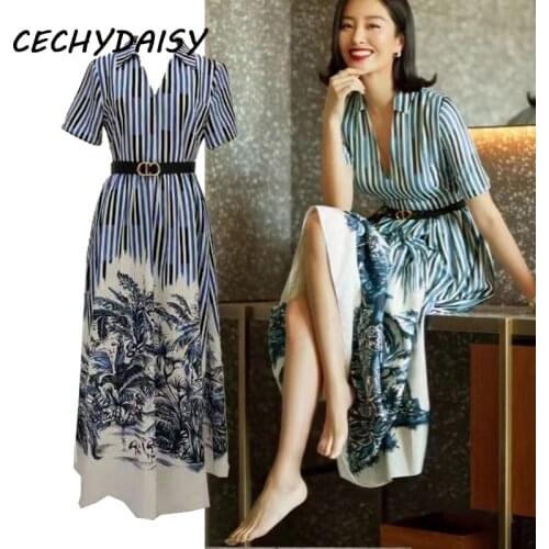 Runway 2021 Women Summer Dress Sexy V-Neck Celebrity Designer Brand Coconut Tree Striped Indie Folk Printed Party Beach Dresses