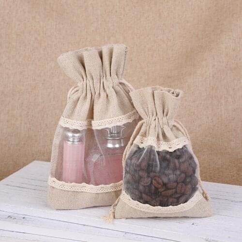 1PC Lace Linen Drawstring Cotton Sachet Pouches Fruit Cosmetic Packing Bags with Clear Show Window