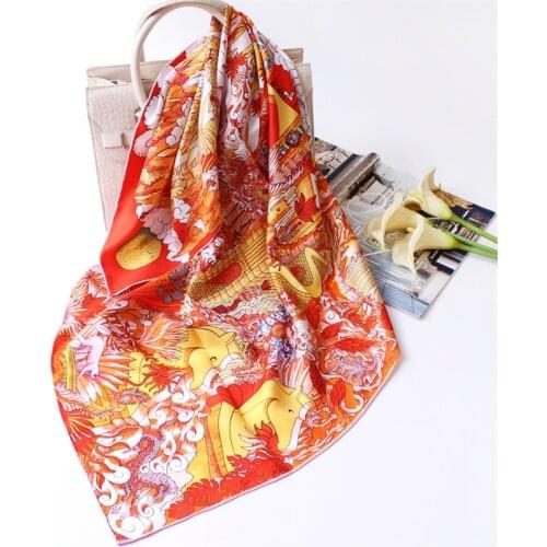 100% Pure Silk Scarf Women Jungle Castle Square Scarves Wraps Head Handkerchief Wholesale Hijabs Silk Foulards Bandana 90x90CM