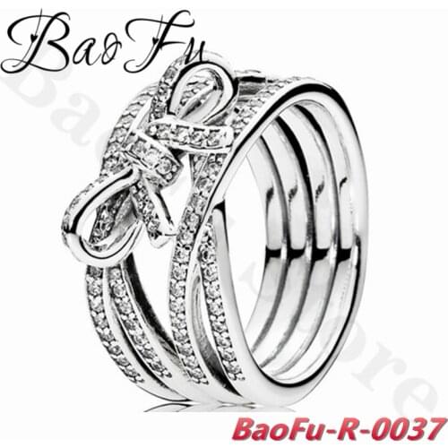 BaoFu 925 Sterling Silver Ring Luxury Shiny Bow Ring Suitable for Anniversary Birthday Gift Original Ladies Jewelry