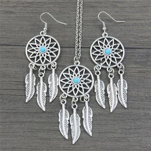 Bohemian Vintage Feather Leaf Metal Hollow Dream Catcher Charm Pendant Necklace Earrings Jewelry Set For Women Party Gift