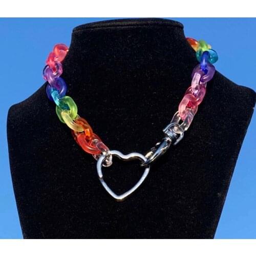 Colorful Chain Metal Heart Pendant Necklace For Women Girl Creative Punk Hip Hop Transparent Rainbow Choker Necklace Jewelry New