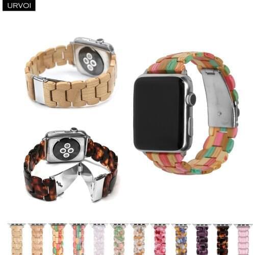 URVOI wooden band for Apple Watch 6 SE 5 4 3 2 1 Full resin strap for iwatch bamboo belt link bracelet modern style 40 44mm