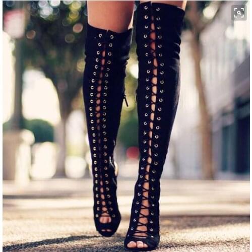 Hot women lace up thigh high boots cut-outs gladiator sandal boots over knee booty sexy club boots women plus size 12 13