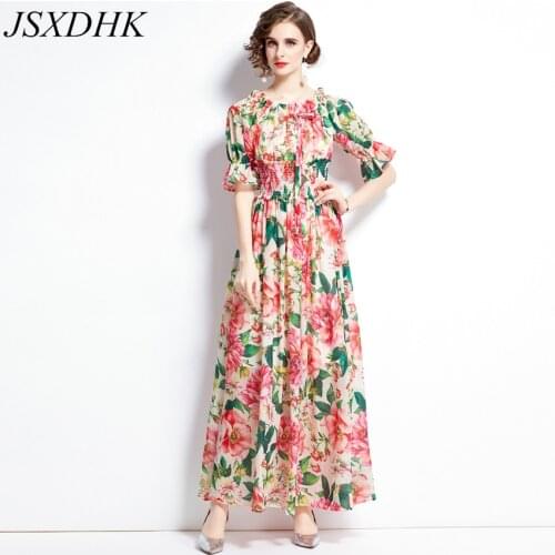 JSXDHK 2021 Runway Summer Boho Maxi Holiday Beach Dress Women O Neck Flower Print Chiffon Bow Ruffles Flare Sleeve Long Vestidos