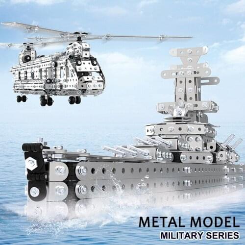 Alloy Building Blocks Aircraft Carrier Helicopter Military Ship Kits Assembly Toys Model Metal Stainless Steel Gift Decorations