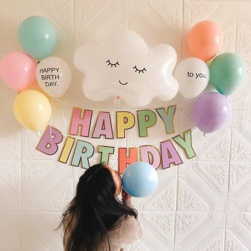 Macaron Happy Birthday Banner Big Foil Smile White Cloud Latex Custom Balls DIY Name Helium Air Birthday Party Decor Supplies