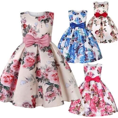2021 New Girls Dresses Printing Little Girl Princess Dress Girl Wedding Party Dress Bowknot Middle Small Child Dresses 3-10Years