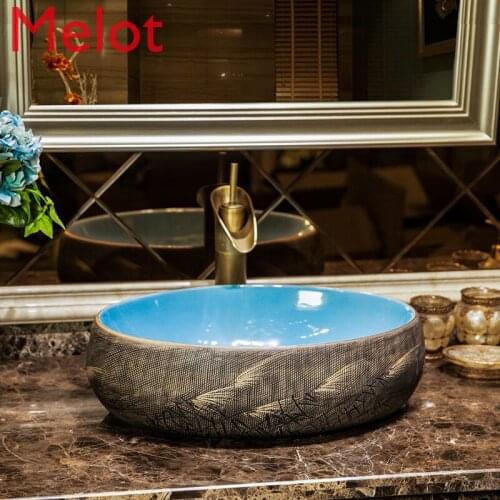 Oval Upper Basin Wash Basin Ceramic Washbasin Art Wash Basin Toilet Basin Reed Blue