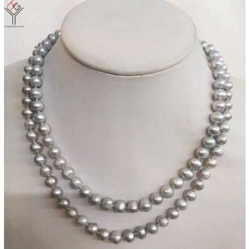 Women Jewelry 30'' 80cm necklace 7x8mm gray pearl handmade necklace natural freshwater cultured pearl