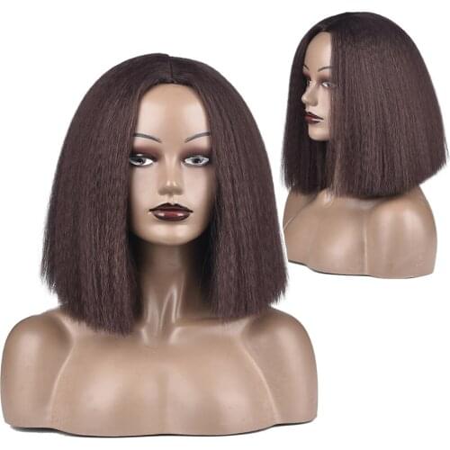 Kinky Straight Wigs Synthetic High Temperature Fiber Hair Yaki Straight Curl Medium Length Bob Wigs For Women 14 Inch