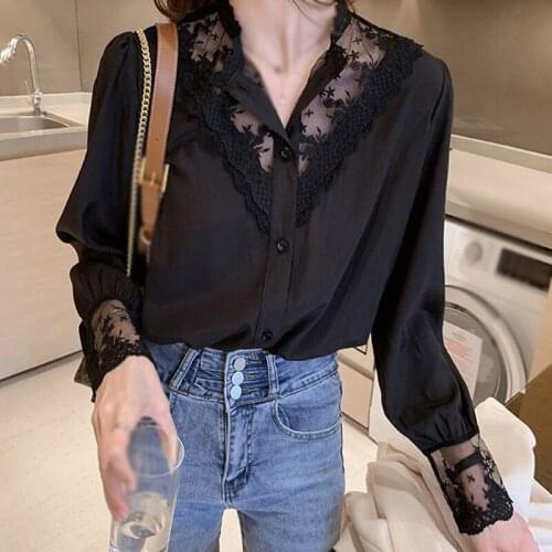 Chiffon Bottoming Shirt Korean Ruffle Chic Women Lace Stitching Long Puff Sleeve Elegant Sweet Blouse Tops Stand Collar Office