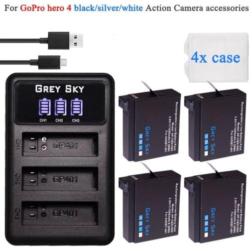 4Pcs 1680mAh Gopro Hero 4 Battery Replacement + LED 3-Slots USB Charger for GoPro HERO4 GoPro AHDBT-401 Action Camera Bateria