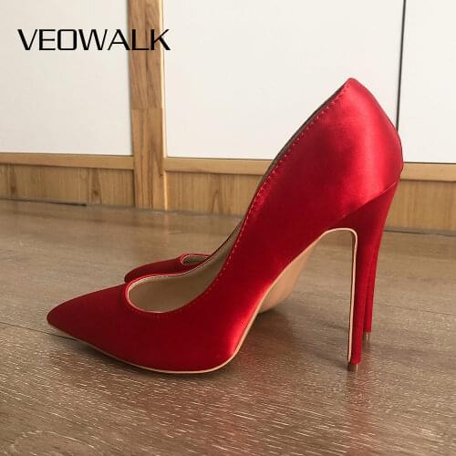 Veowalk Red Silk Satin Women Sexy Pointed Toe High Heel Shoes Elegant Ladies Wedding Bridal Stiletto Pumps Customize Accept