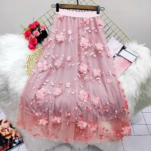 Spring and autumn Women Skirts Embroidery Floweral Mesh Pleated Skirt 2021 3 Layers Long Tulle Tutu Skirt Jupe Longue