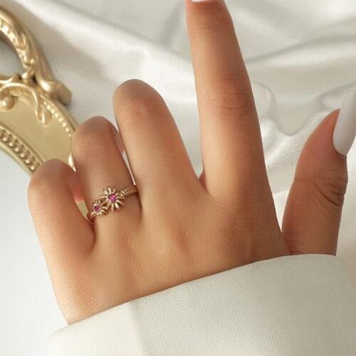 Vintage Simple Golden Ring For Women New Arrival In 2021 Flower-Shaped Colorful Zircon Jewelry The Best Gift For Girlfriend