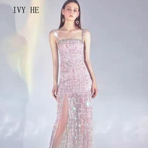 IVY HE High Quality Summer Dress Woman Clothing Shiny Sequins Gauze Colorful Beads Midi Long Dress Traf Robe ZA Party Dresses