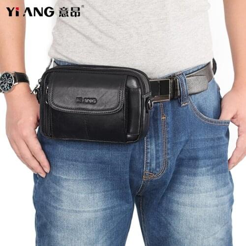 YIANG Brand Mens Natural Cowhide Waist Belt Bag 7 Inch Multifunction Cell Phone Pouch Retro Single Shoulder Messenger Bag