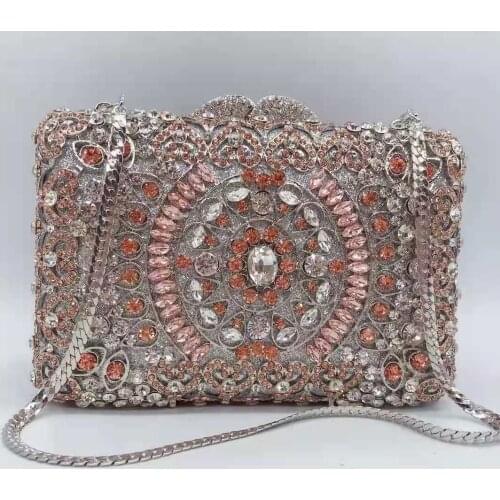 Multicolored Flower Pink Color Crystal Evening Bags New Fashion Women’s Diamond Dinner Banquet Chain Minaudiere Clutch Purse