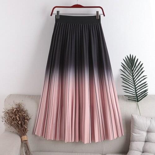 Gradient Color Long skirts womens 2021 Summer Pink Elastic Waist Pleated Long Skirt Casual A Skirt Changeable Skirt Midi Skirt